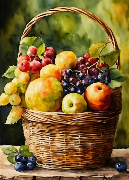 Cesto com aquarela de frutas estilo country