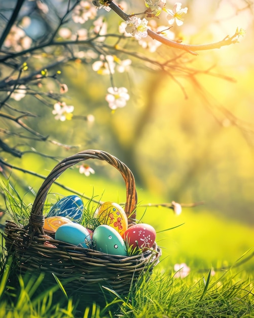 Cesto com ovos de Páscoa na grama num dia ensolarado de primavera Feliz dia de Páscoa