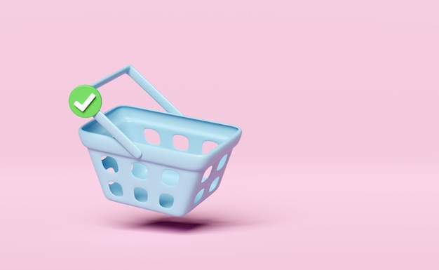 Cesto de compras icona 3D azul con marcas de comprobación aisladas en fondo rosa compras en línea concepto ilustración de renderización 3D