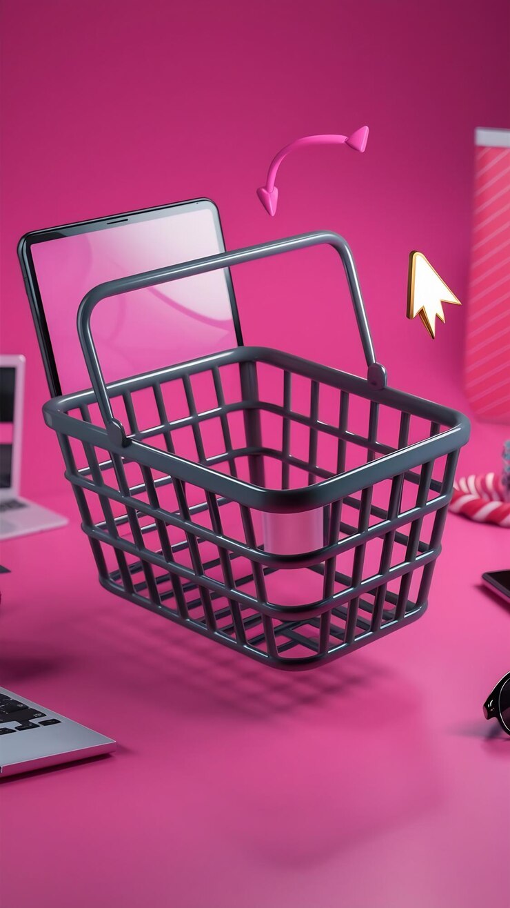 Foto cesto de compras vacío concepto de compras en línea en fondo rosa renderización 3d