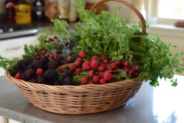 Cesto de bagas frescas e ervas perfeitas para uma cozinha ou sala de jantar criada com ai gerativa