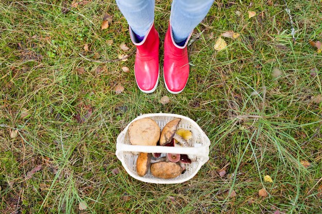 Foto cesto de cogumelos e pés em botas de goma na floresta