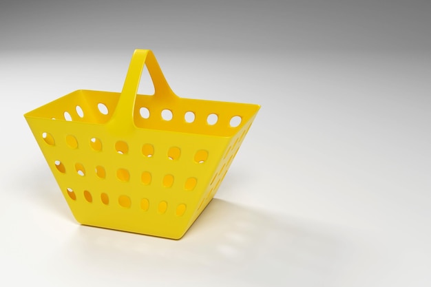 Cesto de compras amarelo brilhante vazio na ilustração de renderização 3d de fundo cinza