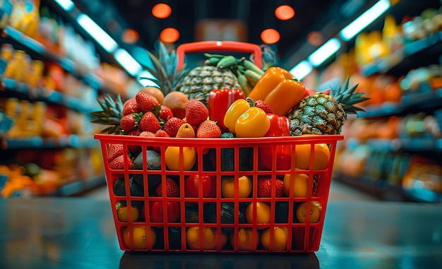 Cesto de compras cheio de frutas e legumes frescos