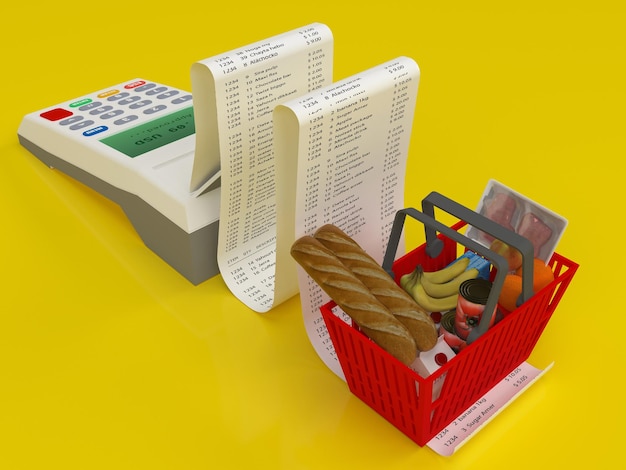 Cesto de compras com alimentos em vendas recibos de compras mini POS terminal caixa registradora