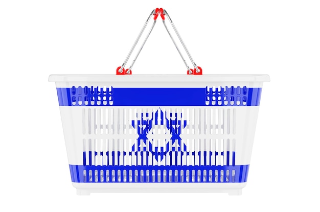 Foto cesto de compras com cesta de mercado de bandeira israelense ou conceito de poder de compra renderização 3d isolada em fundo branco
