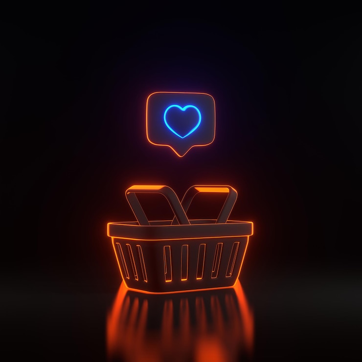 Foto cesto de compras com sinal de coração em bolha de fala de notificação com luzes de néon em fundo preto