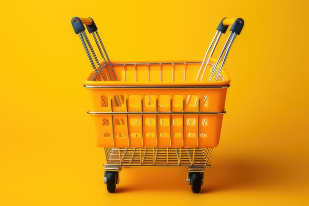 Cesto de compras vazio em fundo amarelo brilhante Conceito de compras on-line