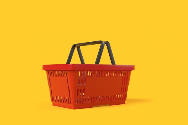 Cesto de compras vazio vermelho sobre fundo amarelo 3D render ilustração