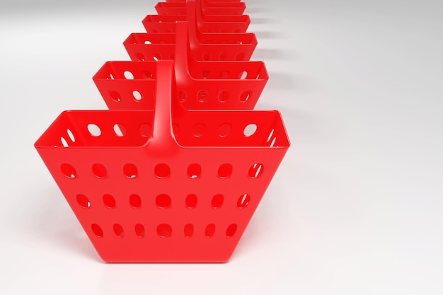 Cesto de compras vermelho brilhante vazio na ilustração de renderização 3d de fundo cinza