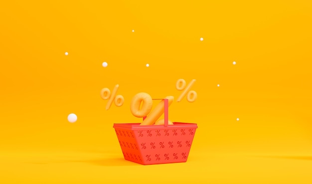 Cesto de compras vermelho com sinal de porcentagem em fundo amarelo Conceito de compras online renderização em 3d