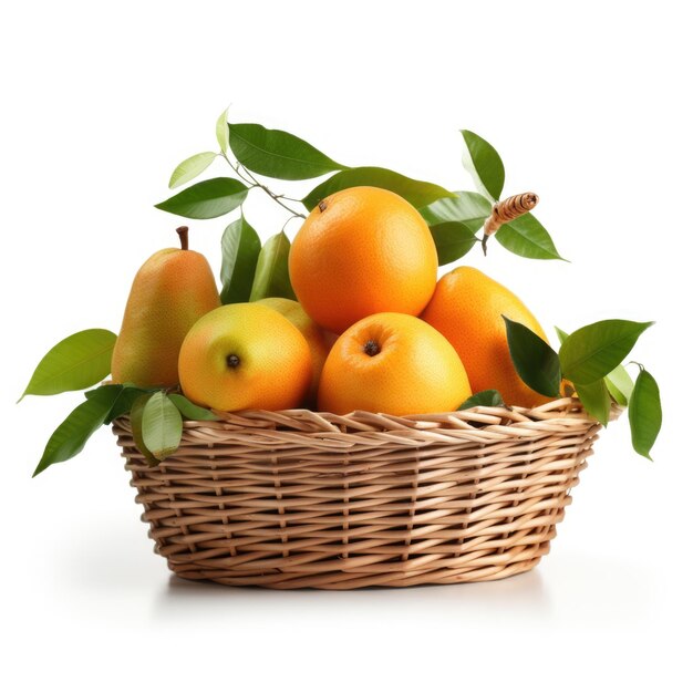 Cesto de frutas com laranjas e peras em um cesto de salgueiro isolado IA generativa