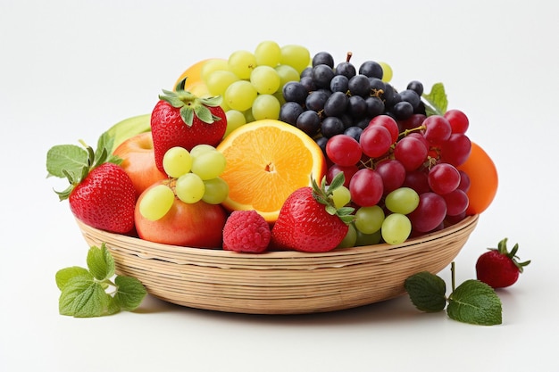 Foto cesto de frutas frescas em fundo branco