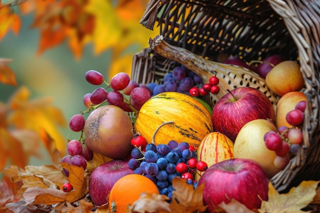 Cesto de frutas variado Uma cornucópia cheia de colheita de outono para simbolizar a recompensa do Dia de Ação de Graças AI Gerado