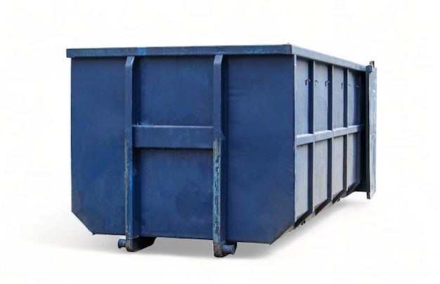 Cesto de lixo industrial azul de metal durável para resíduos de rua isolado sobre um fundo branco Grande cesto de aço para resíduo doméstico e industrial Container de resíduo de construção para renovação de casas