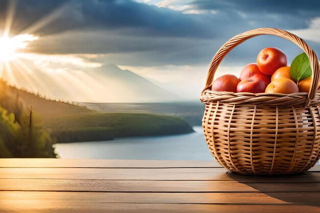 Cesto de maçãs sobre uma mesa com montanhas ao fundo