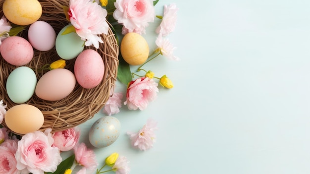 Cesto de ovos de Páscoa Fundo floral de Páscua de Primavera Espaço em branco para o texto