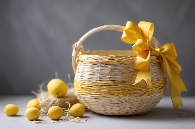 Cesto de palha vazio com uma fita amarela e um laço isolado em branco