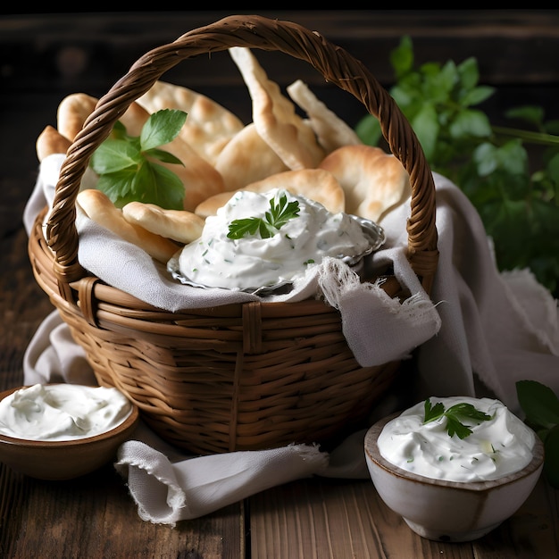 Foto cesto de pão de pita com creme azedo e salsa