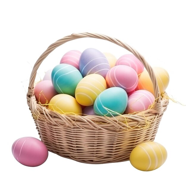 Cesto de Páscoa com ovos coloridos isolados em fundo branco