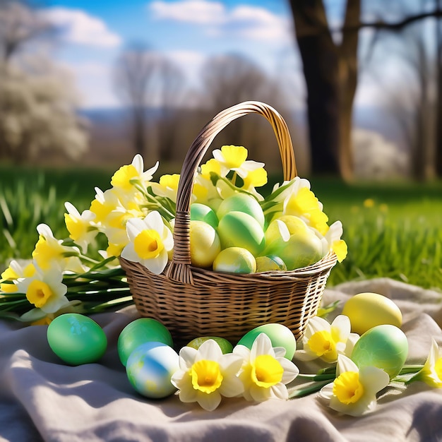 Foto cesto de páscoa com ovos de páscoa num prado verde narcisos estão a florescer amarelos