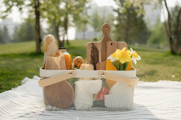 Cesto de piquenique com comida em um cobertor no parque Conceito de picnic de verão