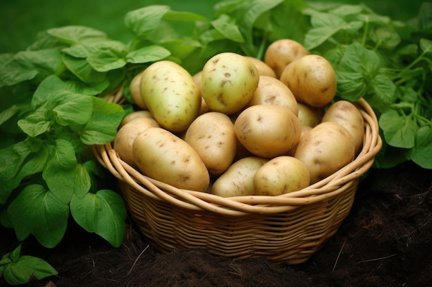 Cesto de vime cheio de batatas em folhas verdes de fundo