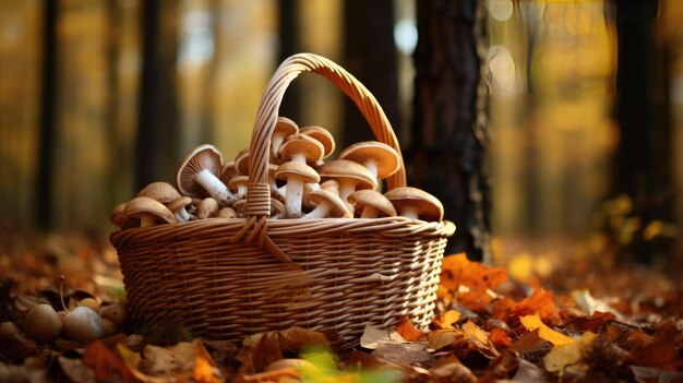 Cesto de vime com cogumelos no fundo da floresta de outono