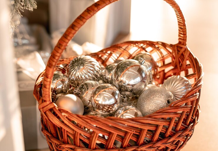 Foto cesto de vime com decorações de natal humor festivo
