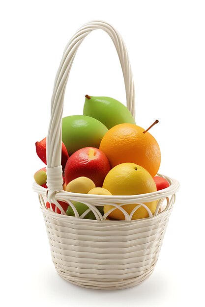Foto cesto de vime com diferentes frutas em fundo branco gerado pela ia