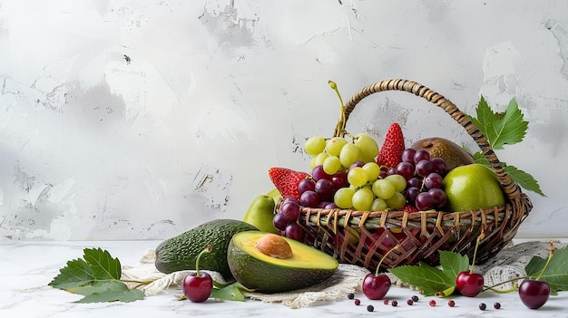 Foto cesto de vime com morangos e uvas verdes