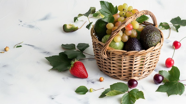 Foto cesto de vime com morangos e uvas verdes