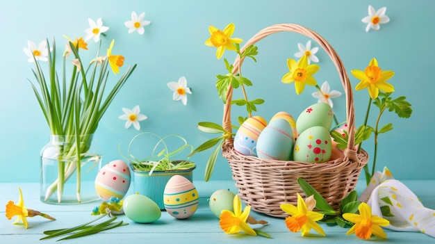 Cesto festivo de Páscoa de ovos coloridos e narcisos na mesa contra a parede azul