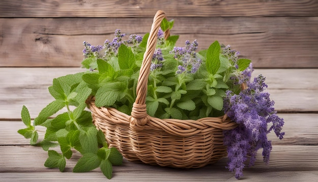 Foto cesto de flores de menta en un fondo de madera