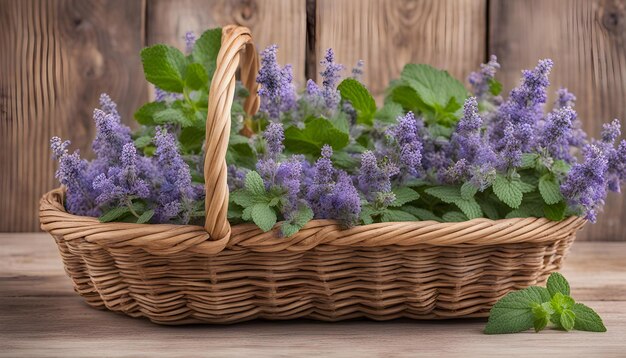 Foto cesto de flores de menta en un fondo de madera