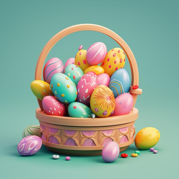 Foto cesto de pascua lleno de huevo de pascua pintado en pastel por generativo ai