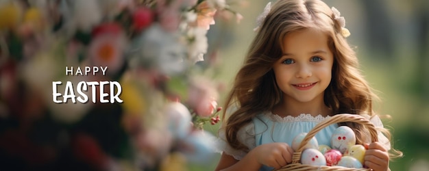 Cesto de Pascua con una niña linda sosteniéndolo