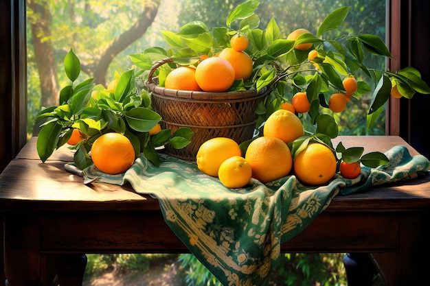 Foto cesto de recompensas de cítricos lleno de naranjas y limones maduros