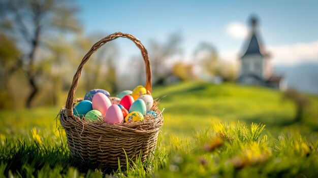 Cesto tradicional de Páscoa cheio de ovos coloridos e pequena igreja ao fundo