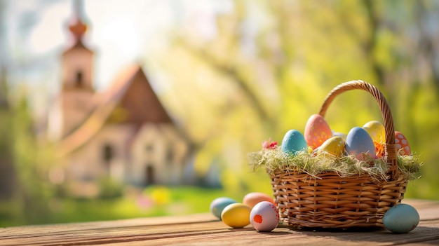 Cesto tradicional de Páscoa cheio de ovos coloridos e pequena igreja ao fundo