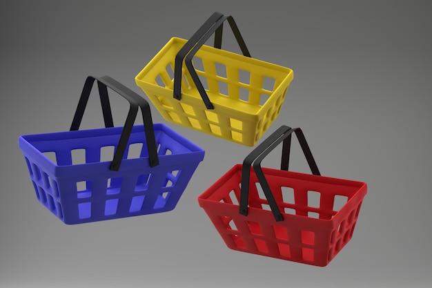 Cestos de compras multicoloridos em um fundo cinza Levitação Falta de mercadorias Déficit Shopping conceito 3D render