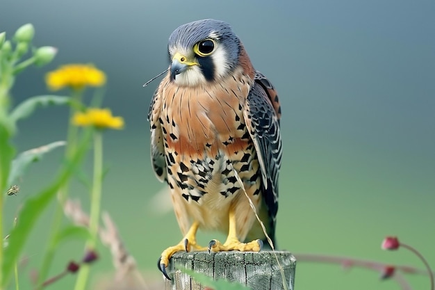 Un cestrel americano posado en un poste de la valla