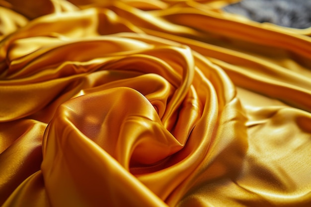 Foto cetim de seda amarelo tecido drapeado cor dourada fundo de luxo espaço para design modelo flat lay