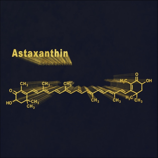 Cetocarotenoide de astaxantina, fórmula química estructural oro sobre fondo oscuro