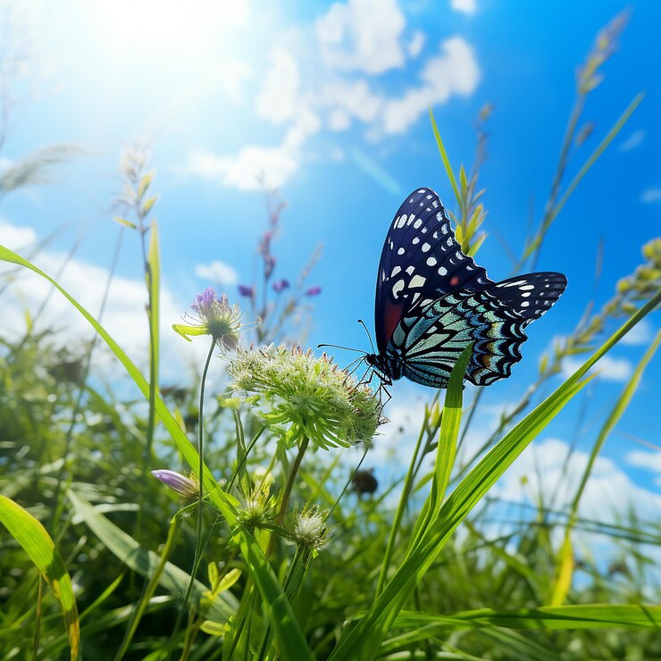 Céu azul cênico e grama verde com borboleta à luz do dia ensolarado