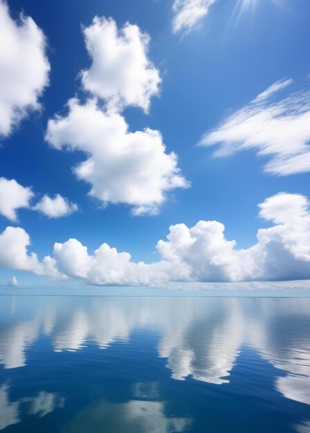 Foto céu azul com fundo de nuvens brancas as nuvens e o céu refletem-se na superfície calma do mar