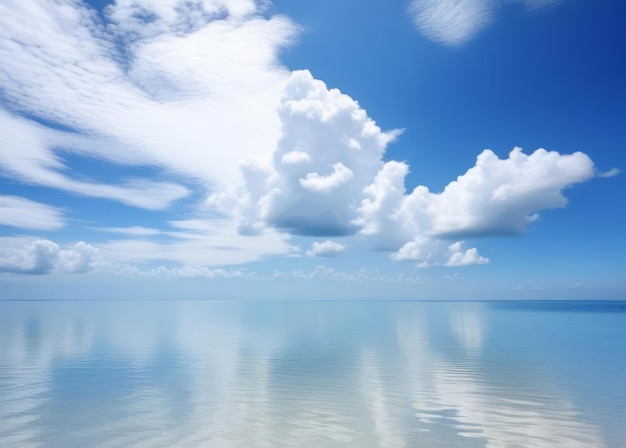 céu azul com fundo de nuvens brancas refletem na superfície do mar calmo