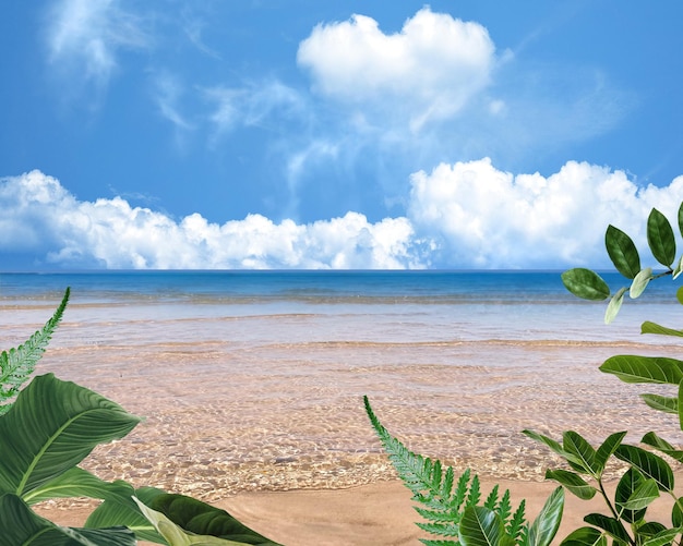 céu azul com nuvens brancas em forma de coração água do mar e flores silvestres verdes azuis e plantas