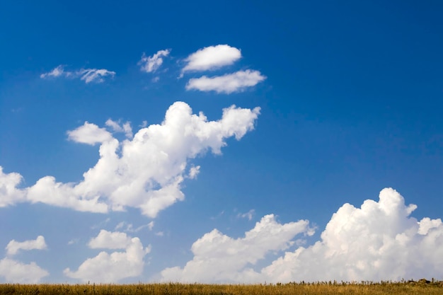 Céu azul com nuvens brancas grama amarela e raios solares