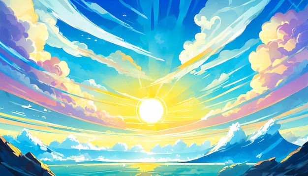 céu azul com nuvens e o sol estilo anime cena dramática